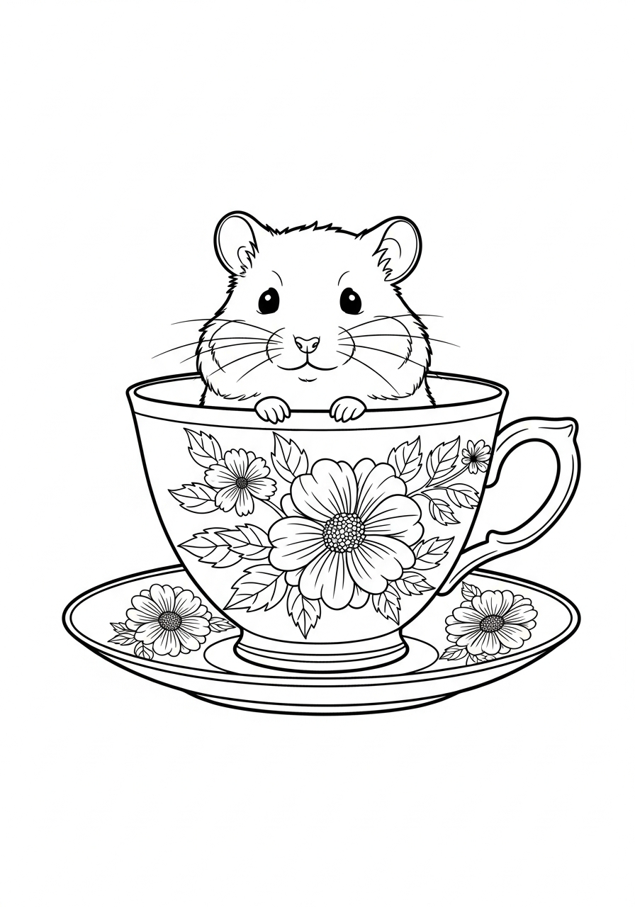 Tiny hamster in floral teacup coloring page
