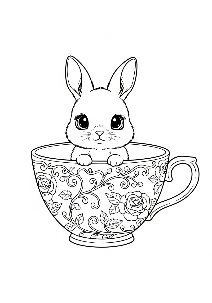Tiny rabbit sitting in teacup coloring page