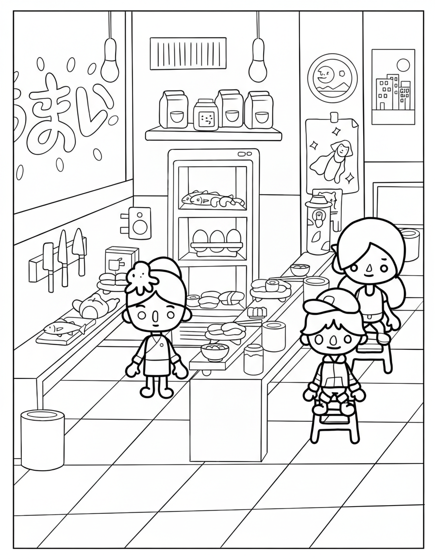 Toca Boca Japanese sushi restaurant coloring page