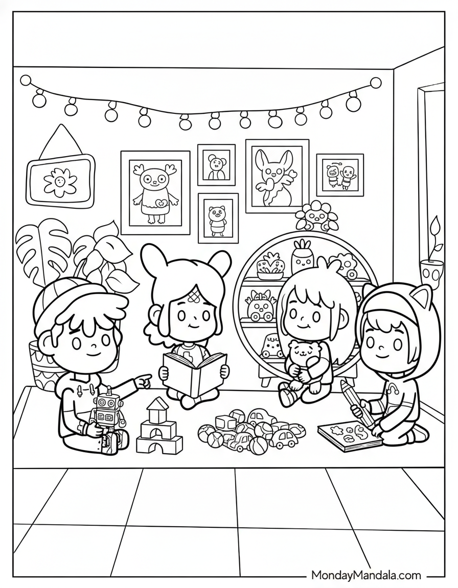 Toca Boca friends playing board game coloring page
