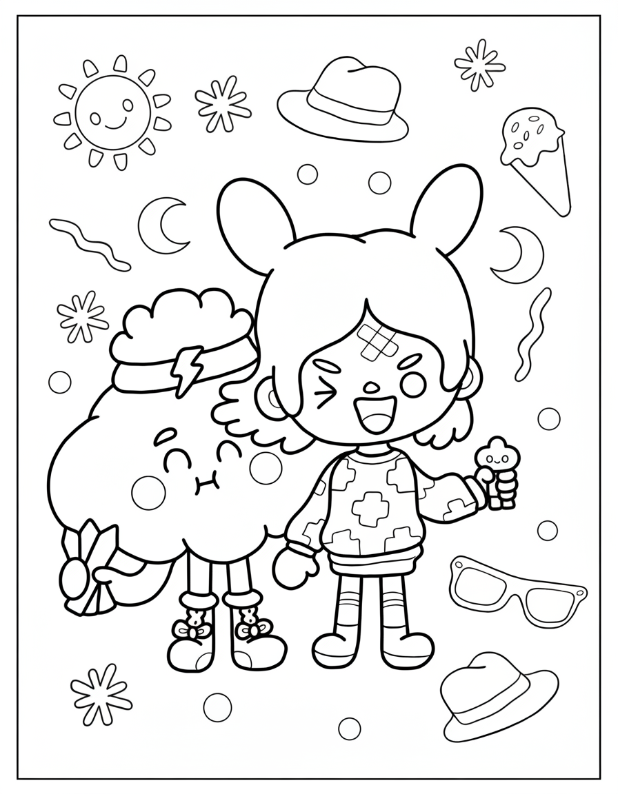 Toca Boca girl and cloud holding crayons coloring page
