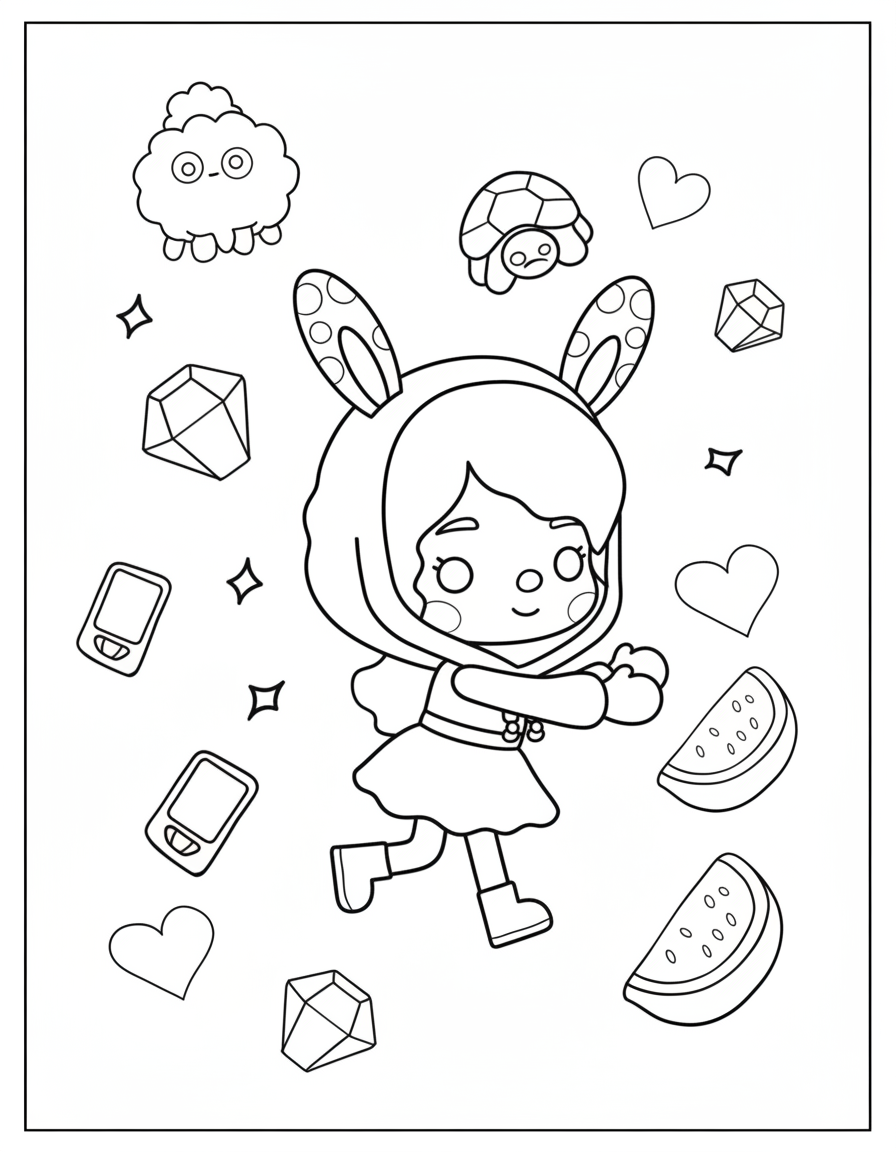 Toca Boca girl in bunny ears dress coloring page