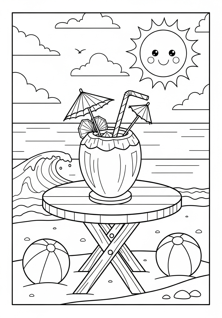 Tropical coconut drink summer vibes coloring page