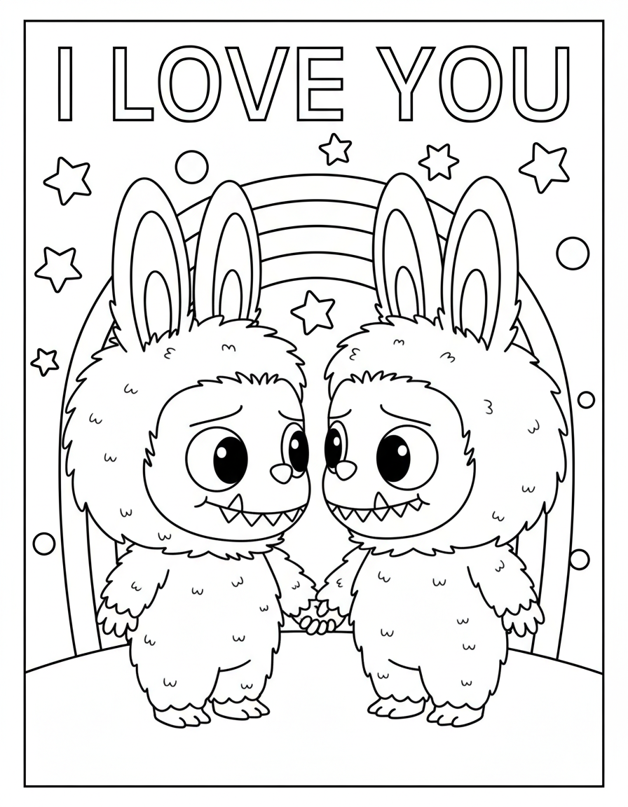 Two Labubus holding hands love coloring page