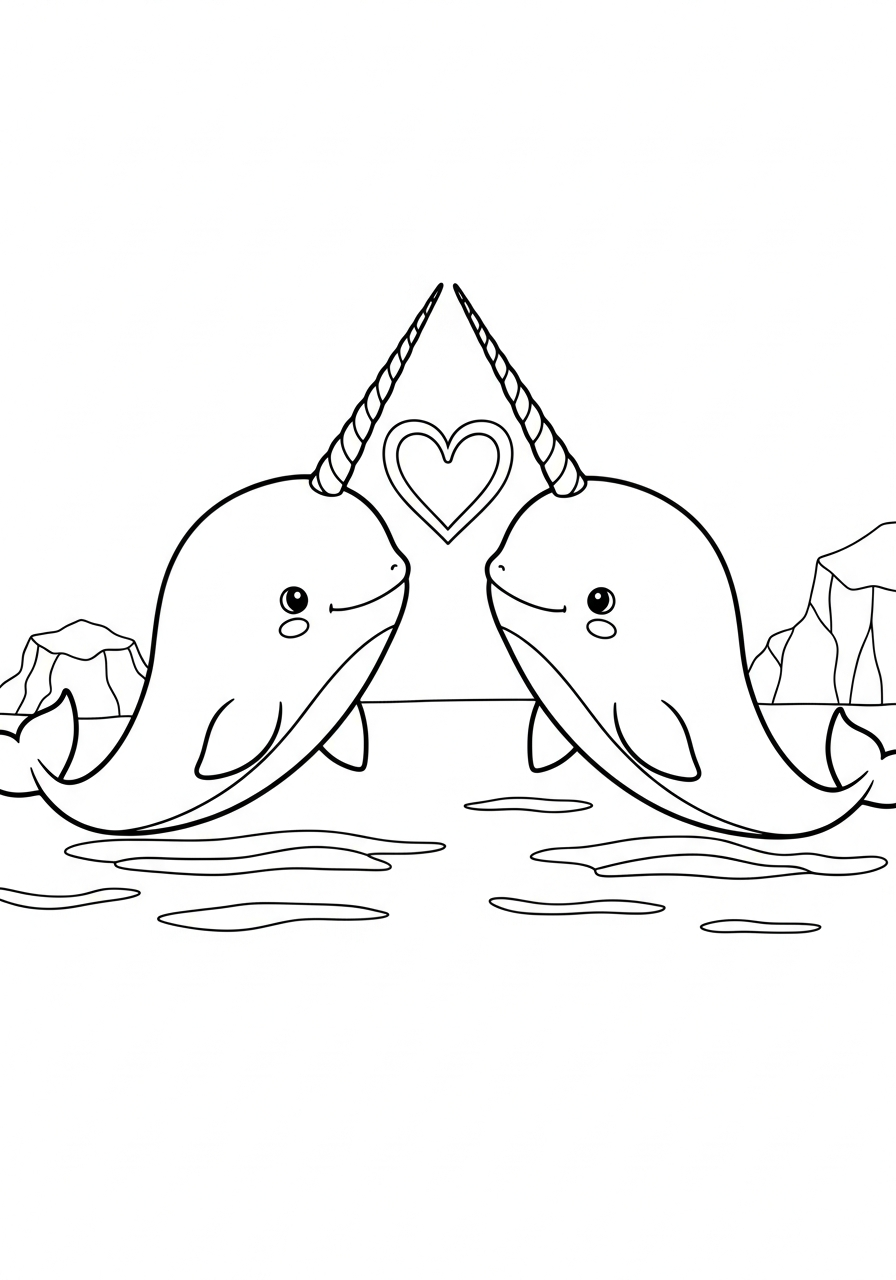Narwhal Coloring Pages 35 Two cute narwhals heart shape coloring page