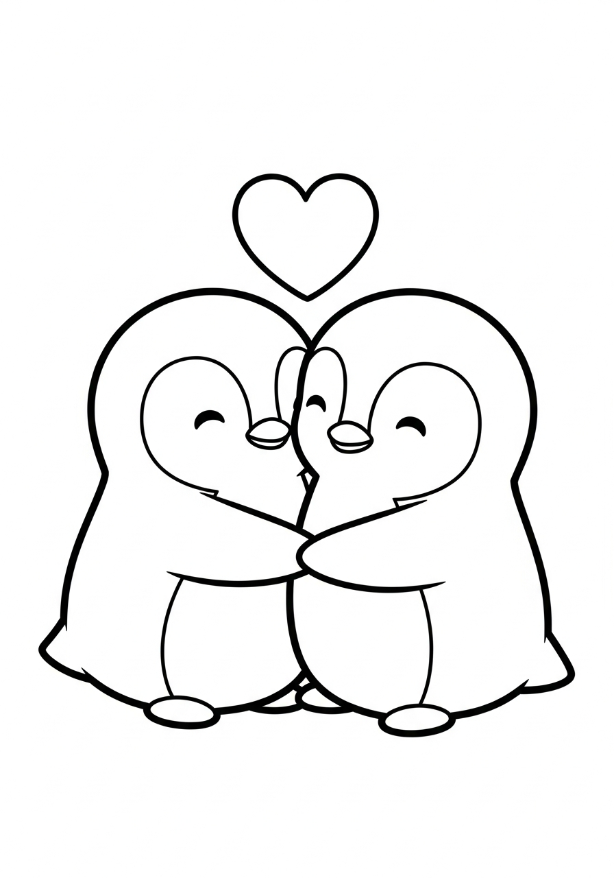 Two cute penguins hugging love coloring page