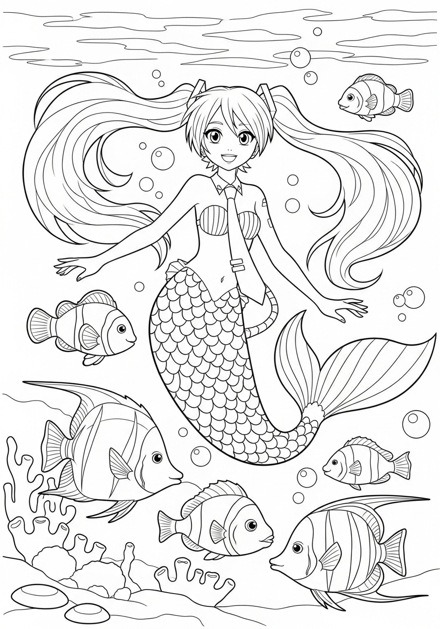 Underwater mermaid Hatsune Miku coloring page