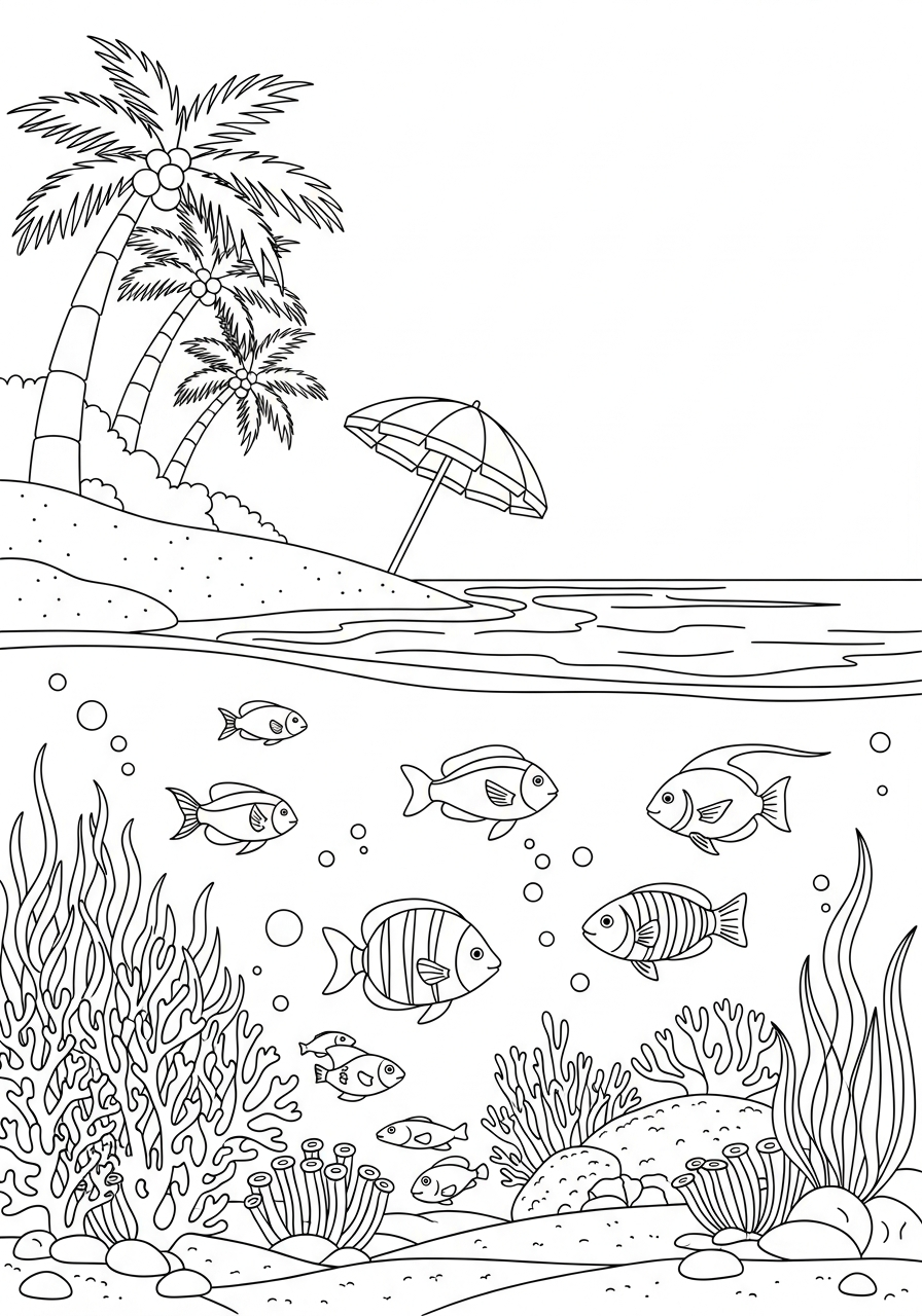 Underwater ocean life split view coloring page