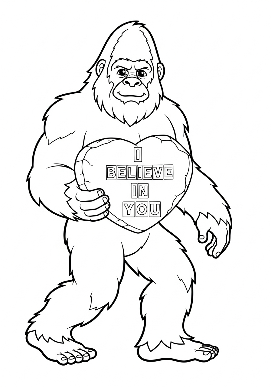 Bigfoot Coloring Pages 31 Valentine bigfoot holding love heart coloring page