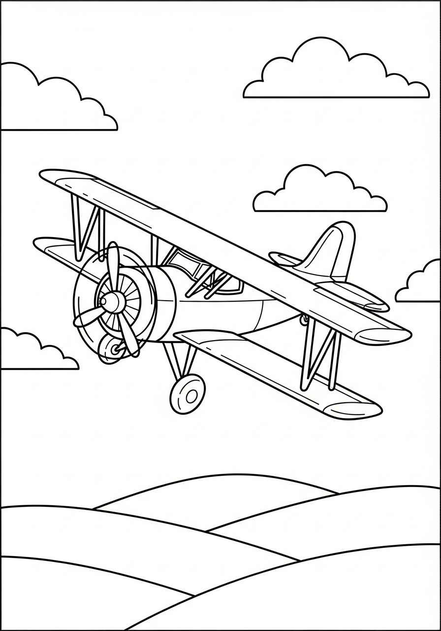 Airplane Coloring Pages 33 Vintage biplane flying over hills coloring page