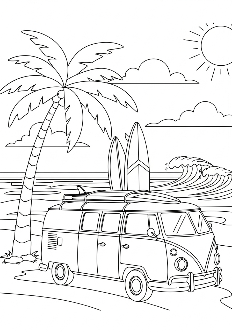 Vintage camper van with surfboards coloring page
