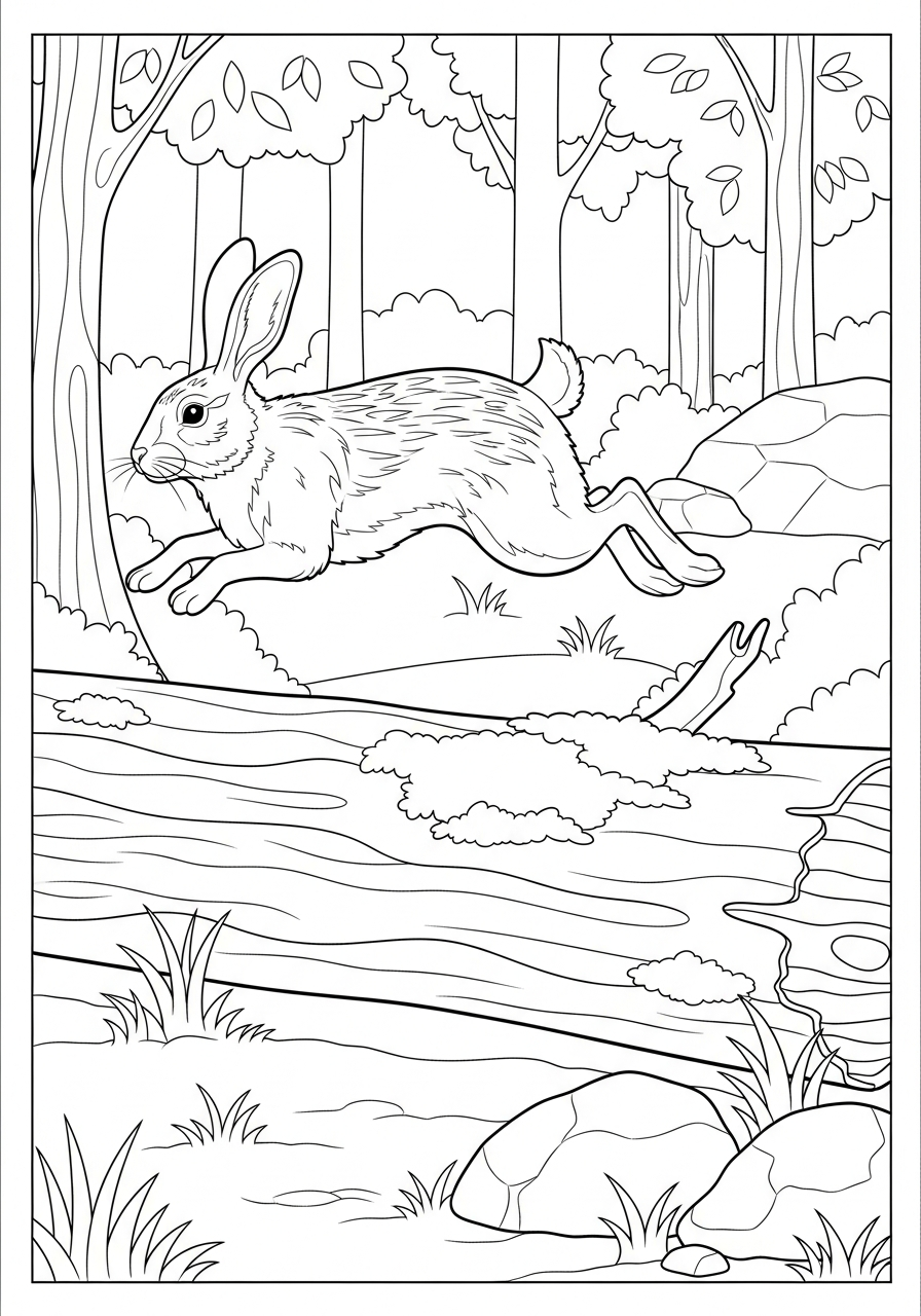 Wild rabbit jumping over log coloring page