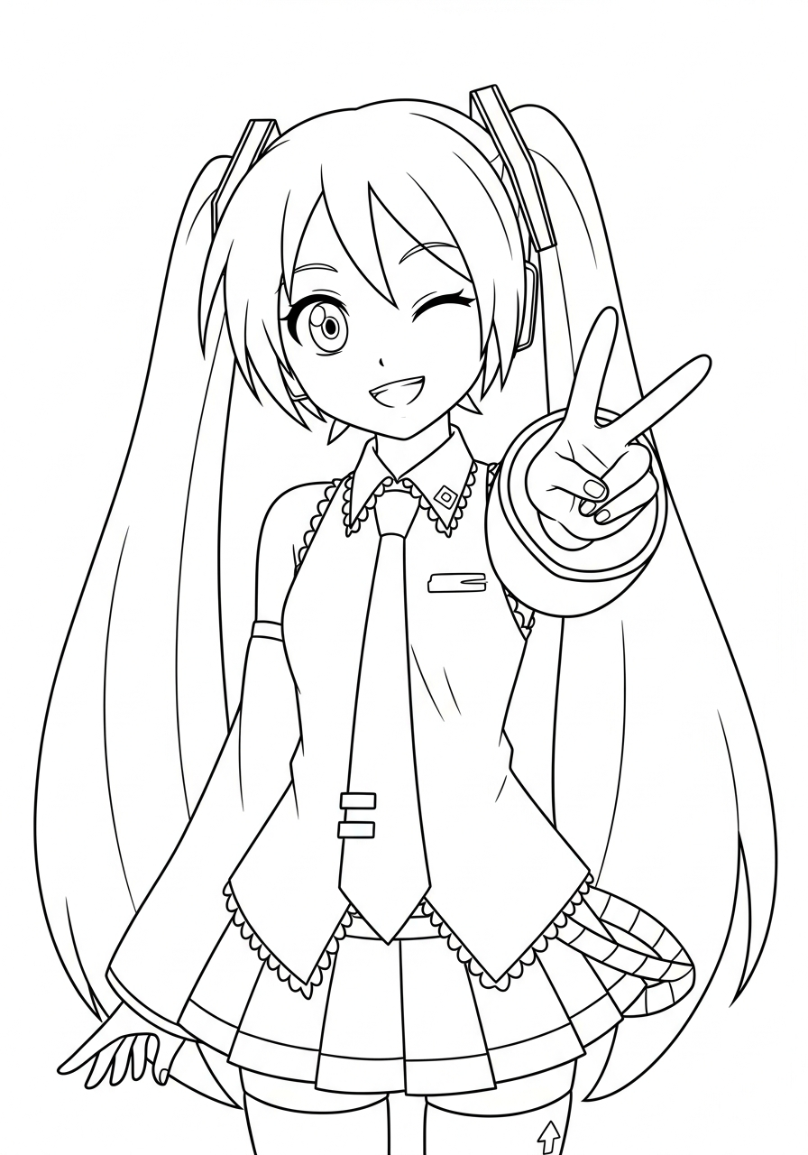Winking Miku peace sign coloring page