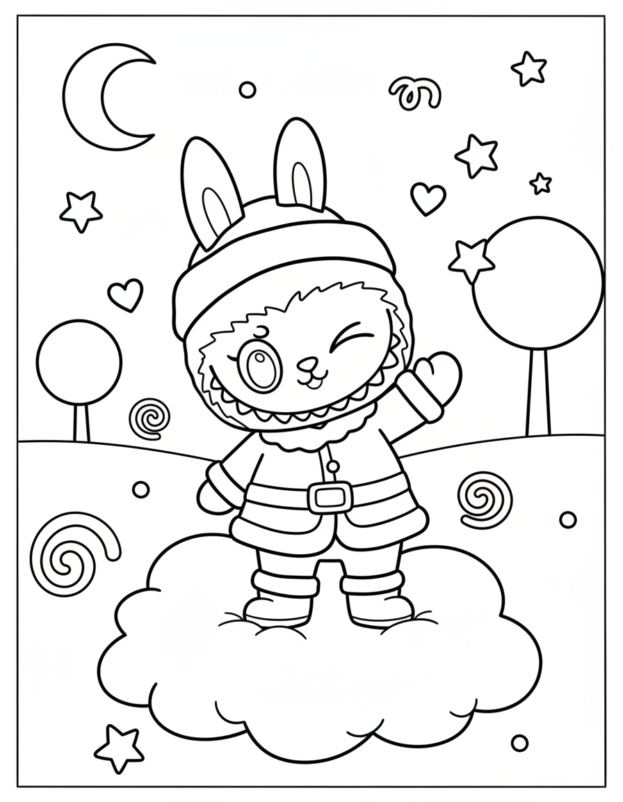 Winking Santa Labubu on cloud coloring page