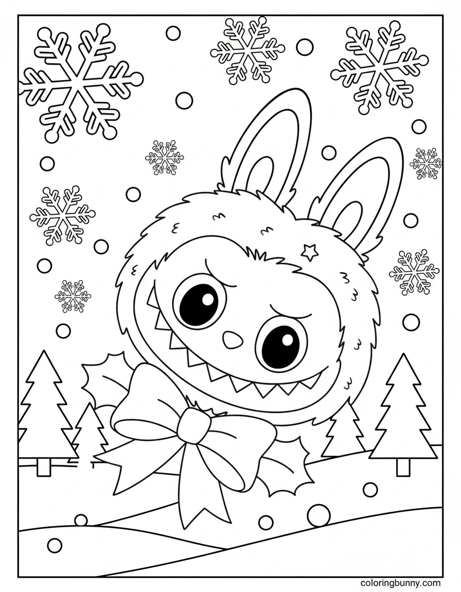 Winter Labubu face with bow coloring page