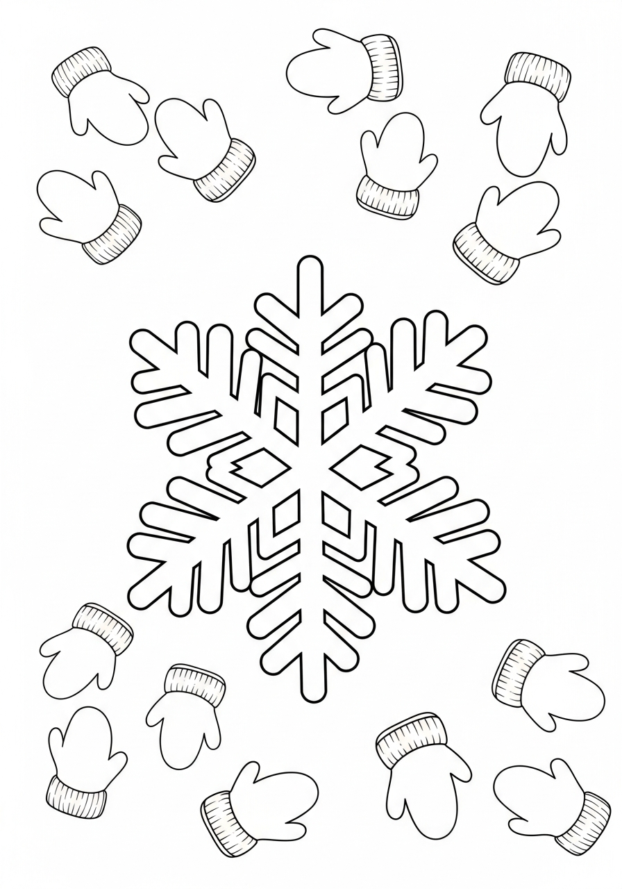 Winter mittens and snowflake coloring page
