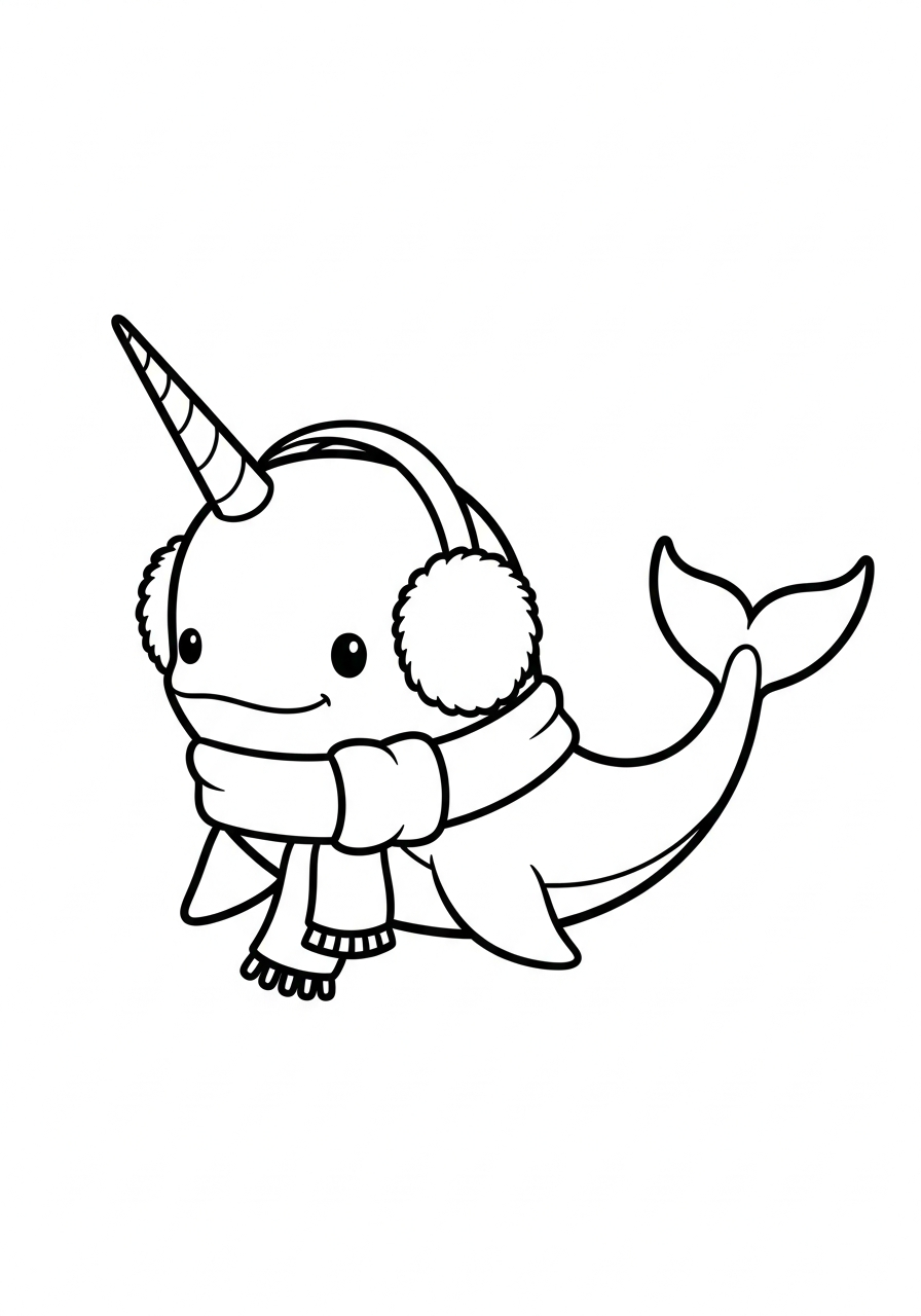 Narwhal Coloring Pages 36 Winter narwhal wearing scarf coloring page