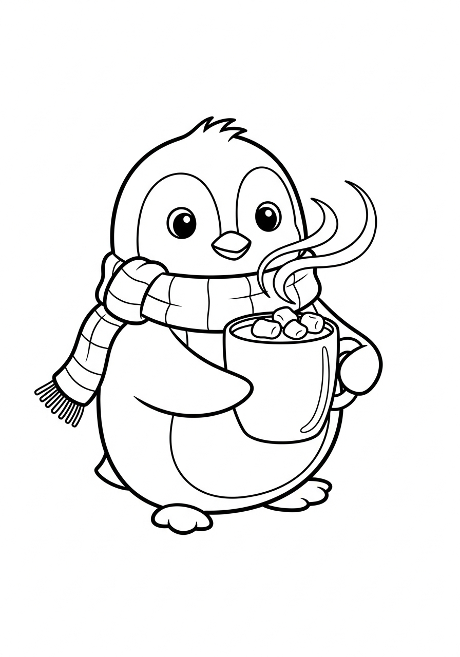 Winter penguin drinking hot cocoa coloring page