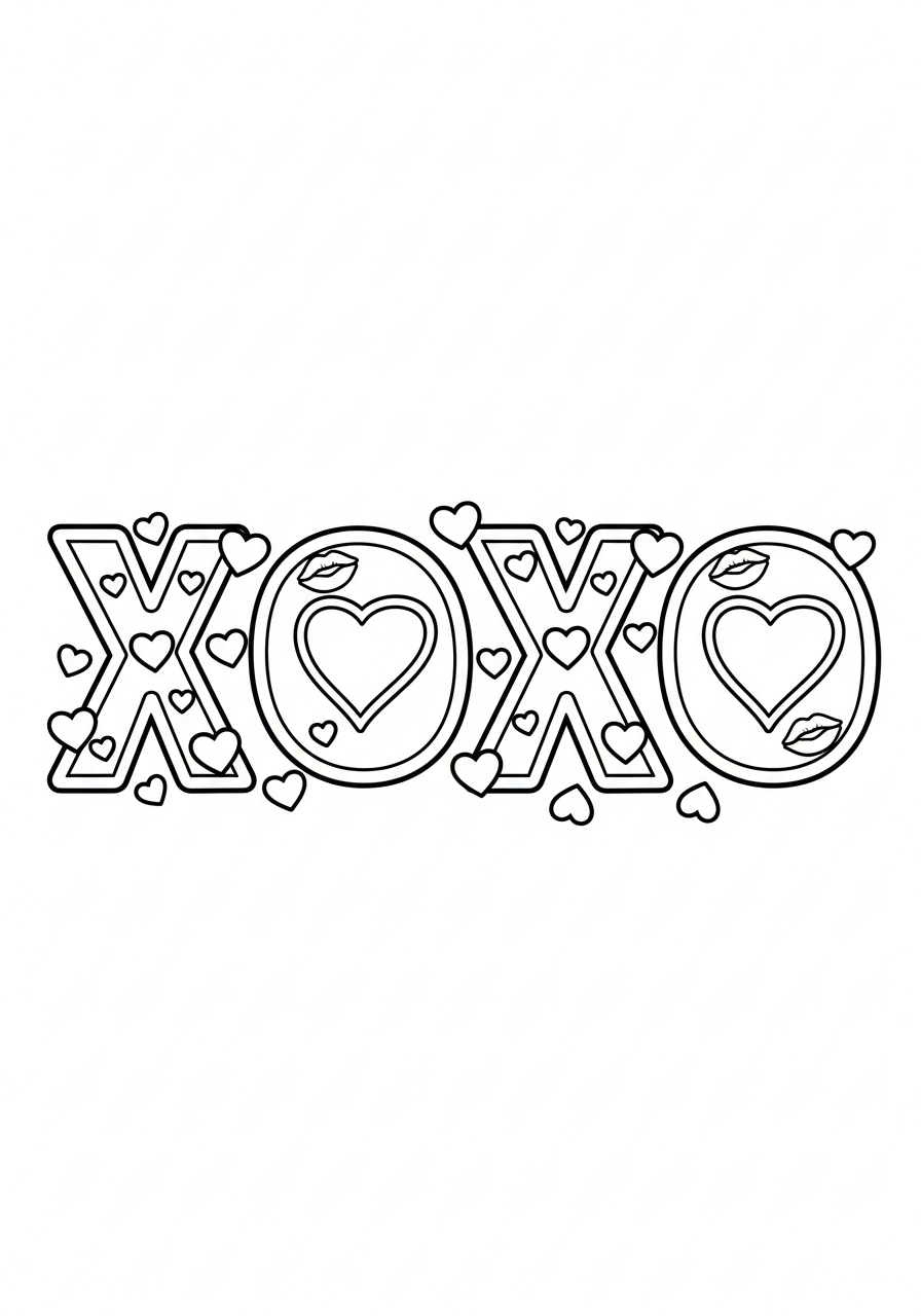 Valentine's Day Coloring Pages 38 XOXO typography with hearts valentine coloring page