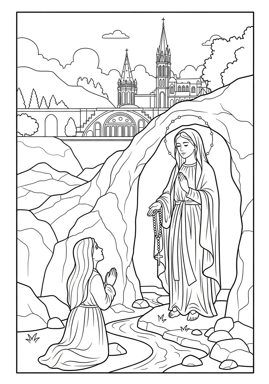 Our Lady of Lourdes line art coloring page